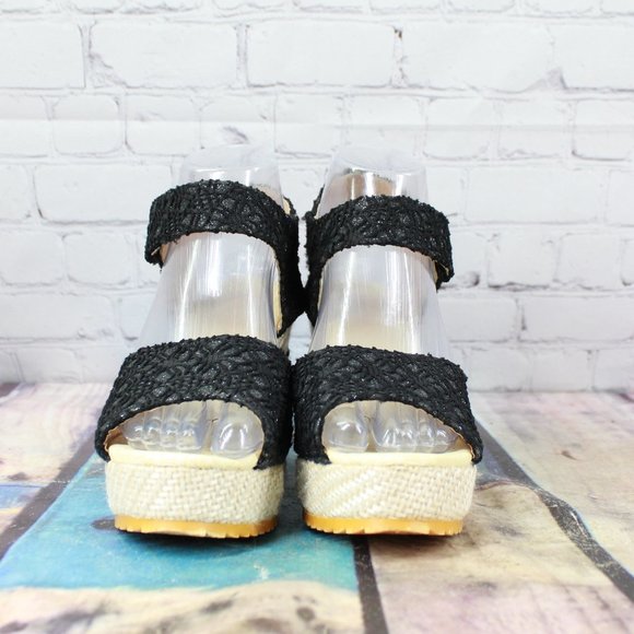 Women's Black Cream Ankle Strap Espadrille Platform Sandals Size 37 US 7 - Picture 4 of 8